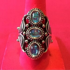 Silver Plated Iridescent Triple Faux Stone Ring